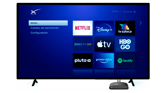 Pantalla de inicio del Roku Express 4K en la que se muestra Netflix, Disney+, Apple TV, Pluto, TV Azteca y DirectTV Go
